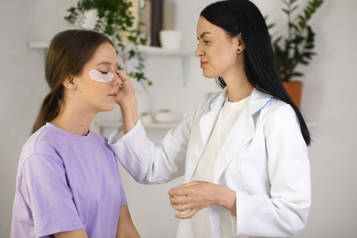 Lash designer de frente aplicando cílios em uma cliente