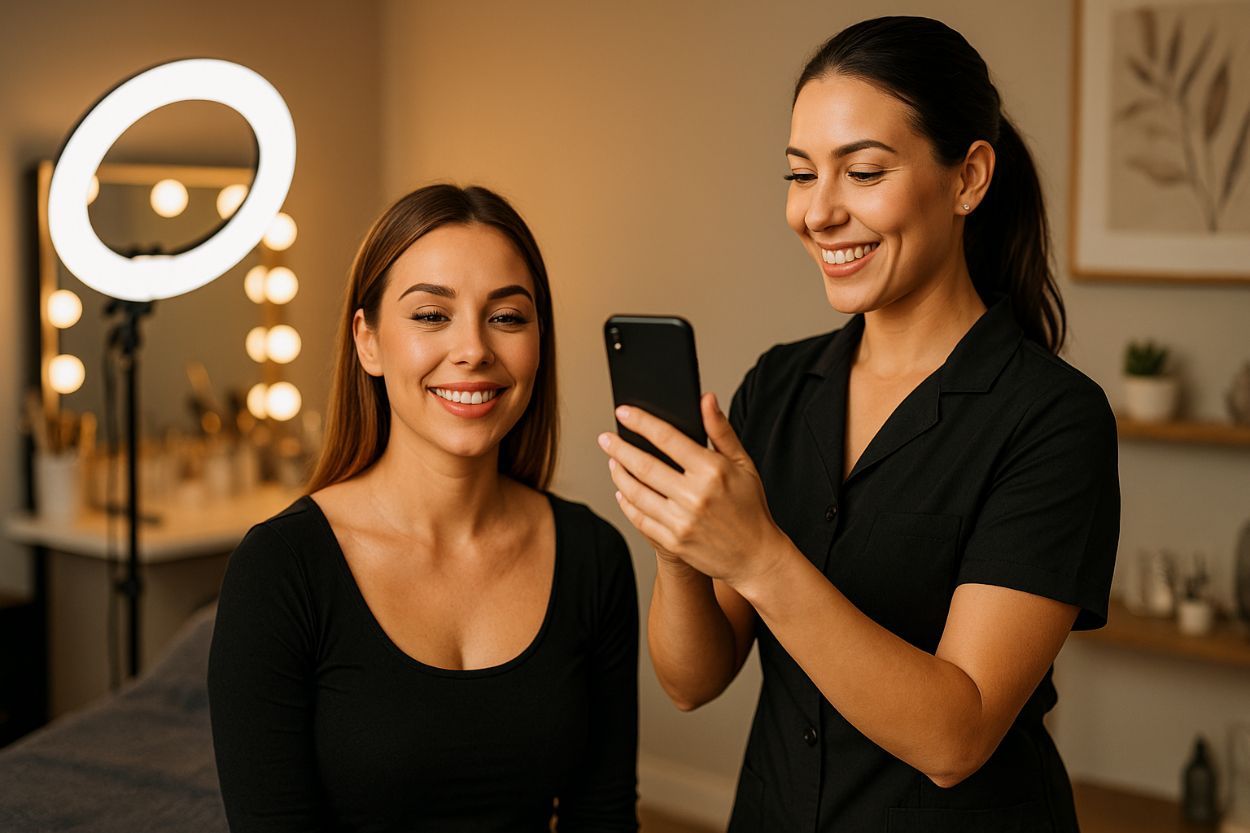 A confident lash designer in her studio taking a photo of a satisfied client after an eyelash extension session.jpg