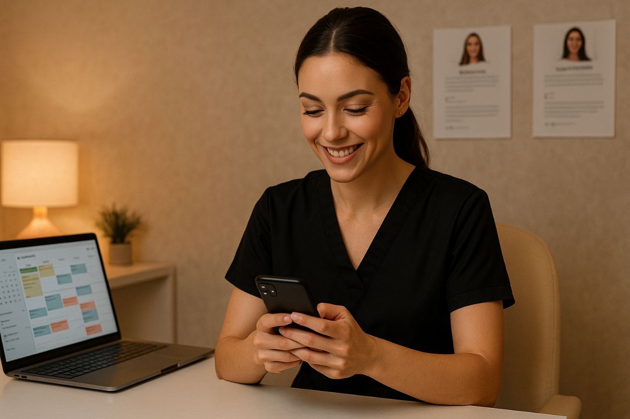 A lash designer smiling while sending a follow-up message to a client.jpg